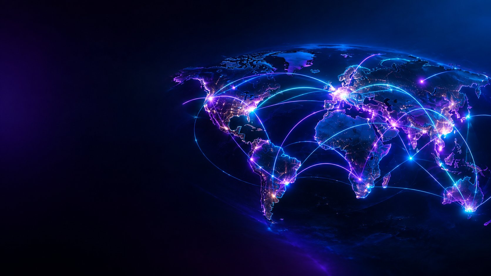 Dark world map with glowing currency flow lines connecting major financial centers