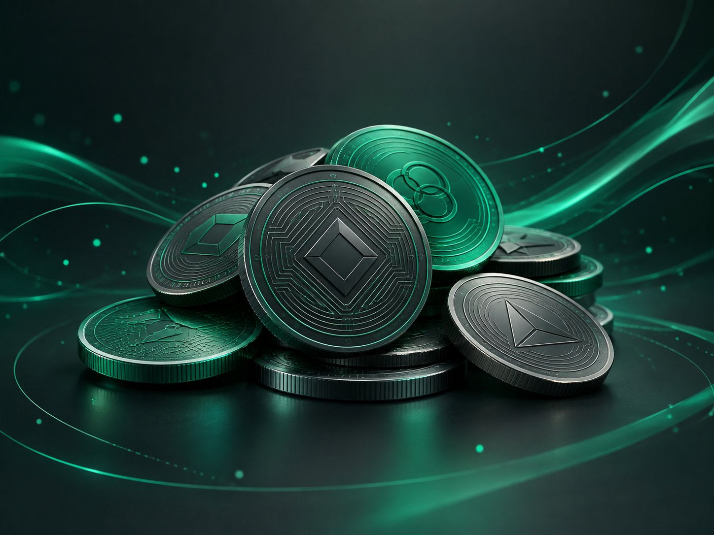 Pile of assorted generic cryptocurrency coins with abstract engraved patterns