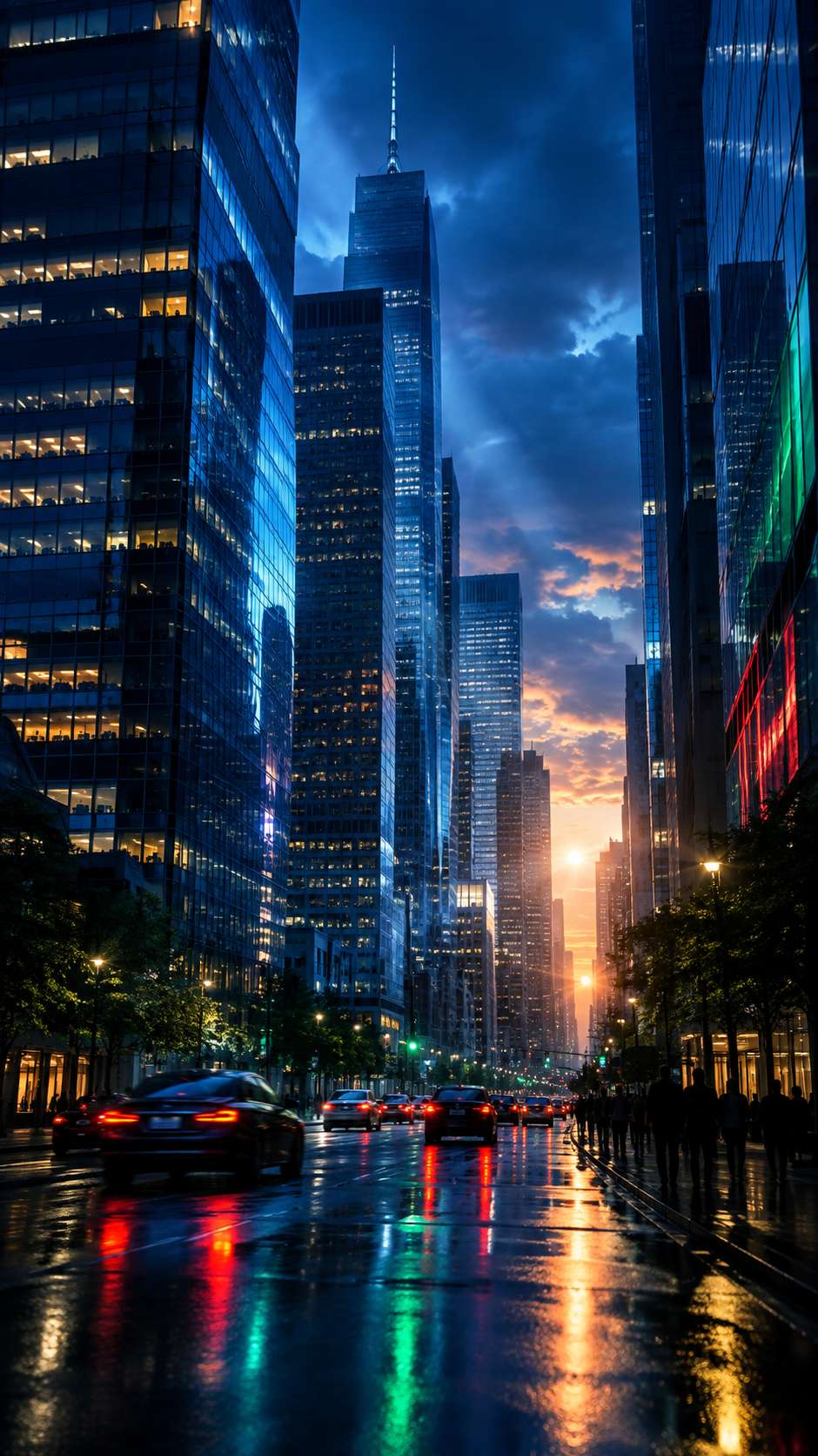 Financial district street with tall skyscrapers at dusk