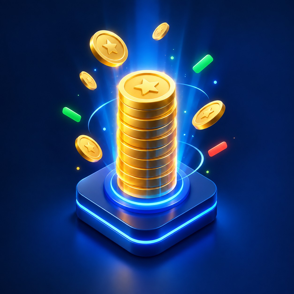 Coins stacked into a glowing tower that emits small reward coins